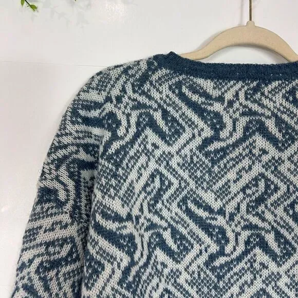 First Landing Sweater Mens Large Blue Abstract Wool V Neck Pullover Knit Vintage - Picture 7 of 12